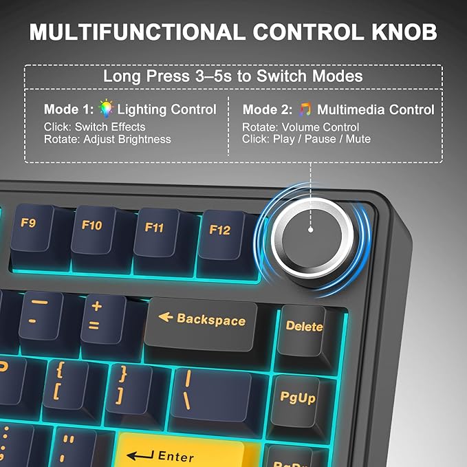 AULA F75 - 75% Wireless Mechanical Keyboard,Hot Swappable Custom Gaming Keyboard with Knob,BT5.0/2.4GHz/USB-C,RGB Backlit,Pre-lubed Reaper Switches,Double Shot PBT Keycaps,Mechanical Gaming Keyboards