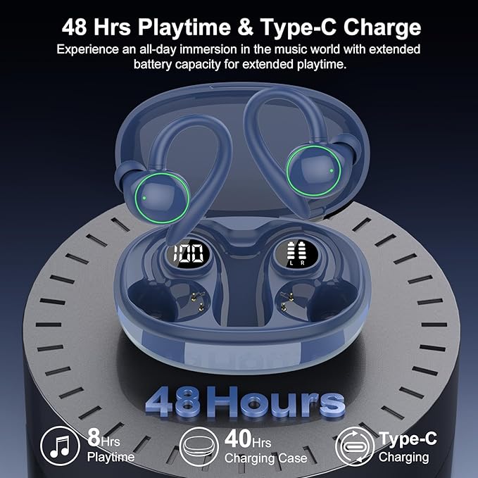 Wireless Earbuds, Bluetooth 5.3 Headphones Sport, Over Ear Buds With ENC Noise Cancelling Mic, 48H, Wireless Earphone With Earhooks, Stereo Deep Bass, IP7 Waterproof Headset for Workout, Deep Blue