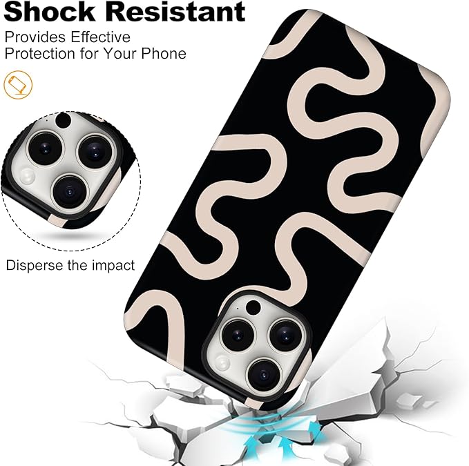Magnetic for iPhone 15 Pro Max Case Cute Curved Stripes Phone Case, Shockproof Slim TPU and Hard PC Protective Phone Cover Compatible with MagSafe Designed for Women Girls,Black