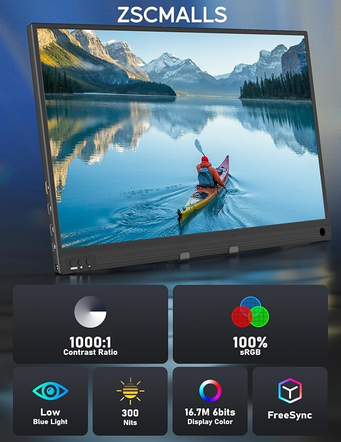 ZSCMALLS Portable Monitor, 15.6" 1080P FHD Laptop Monitor USB-C HDMI Computer Display IPS Second Screen, Laptop Extended Screen for PC Phone Mac Xbox PS4/5 Switch