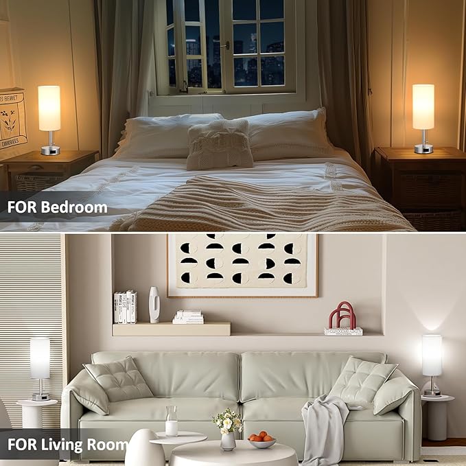 Fenmzee White Silver Bedside Table Lamps Set of 2-3 Color Temperatures Pull Chain Lamp with AC Outlet Charging Port, Two Round Night Stand Lamps for Bedroom, Small Bed Side Light with E26 LED Bulbs