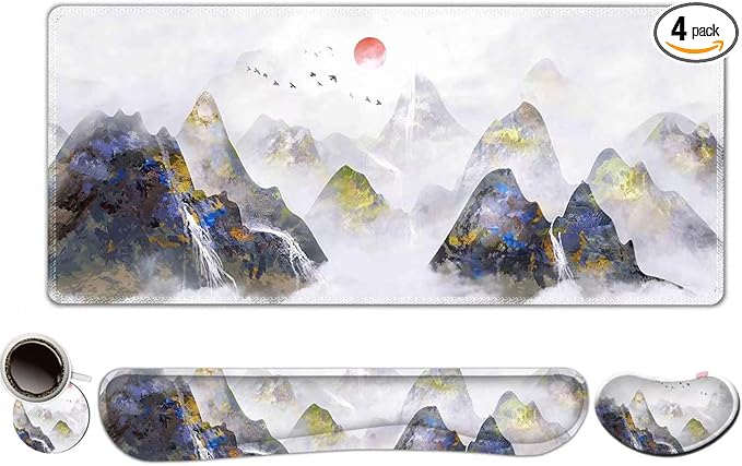 ToLuLu Extended Gaming Mouse Pad, Memory Foam Ergonomic Keyboard Mouse Wrist Rest Support Set, Large Desk Mat with Stitched Edges, Non-Slip Base Mousepad for Home Office Game Study, Ink Mountain