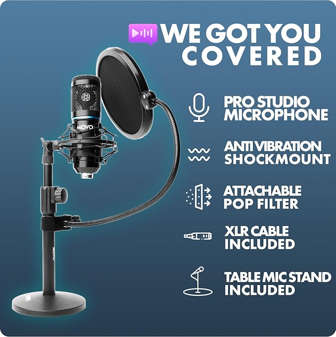 Movo PodPak4T 4-Pack Universal XLR Podcast Microphone Bundle- Includes 4 Cardioid Condenser Mics, Desktop Mic Stands, Pop Filters, Shock Mounts, and Cables for Podcast Equipment