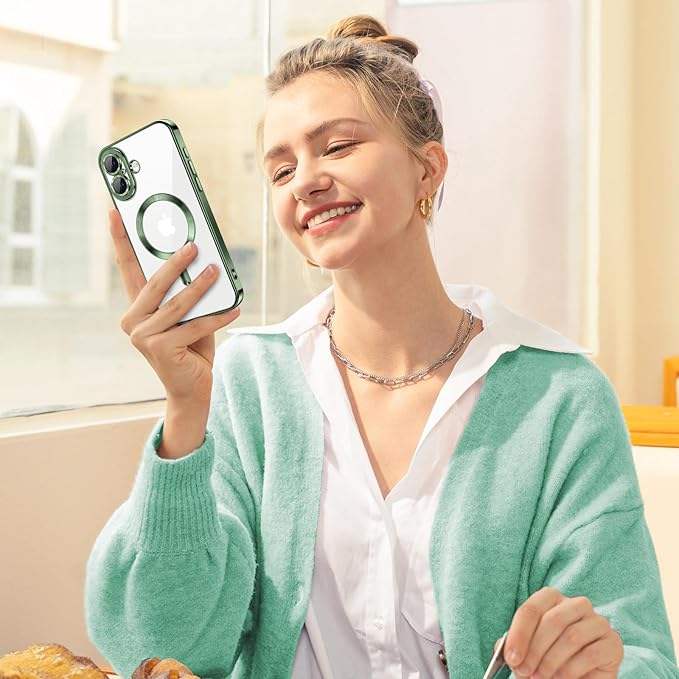 Hython Magnetic Clear for iPhone 16 Plus Case with Camera Lens Protector [Compatible with MagSafe] Luxury Plating Edge Slim Soft TPU Cover Protective Phone Case for iPhone 16 Plus 6.7", Deep Green