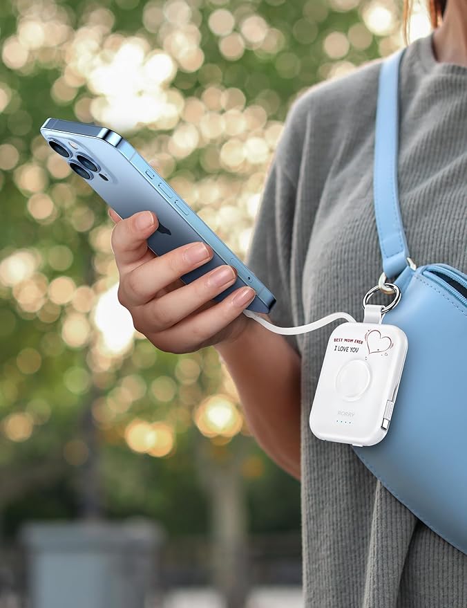 RORRY Portable Charger, 5000mAh Portable Charger Power Bank with Built-in Cables, Travel Keychain Battery Pack for Apple Watch Ultra/11/10/9/8/7/6/SE, iPhone Air/17/16/15/14/13/12, Mom-White