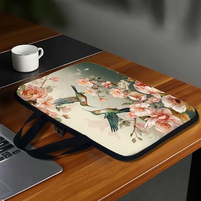 Hummingbird Laptop Sleeve for Women, Protective Computer Cover Case with Handle Briefcase Carrying Bag Compatible 13 Inch Notebook, Chromebook Computer, Vintage Floral