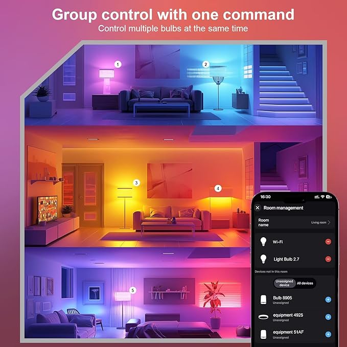 FRIDEKO HOME LED Smart Light Bulbs - Wi-Fi & Bluetooth Light Bulbs, Color Changing Light Bulb Compatible with Alexa and Google Assistant, A19 E26 RGBTW Light Bulb, 800LM (4 Pack)