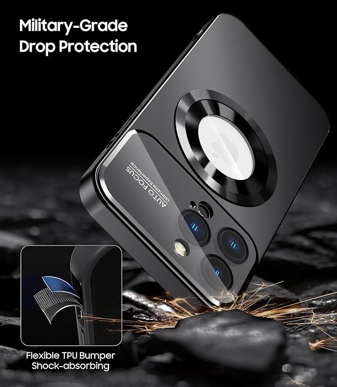 MAKAVO Magnetic for iPhone 12 Pro Max Case, Compatible with MagSafe, Built-in Camera Lens Protector, Logo View, Military Grade Drop Proof Phone Case Cover, Black