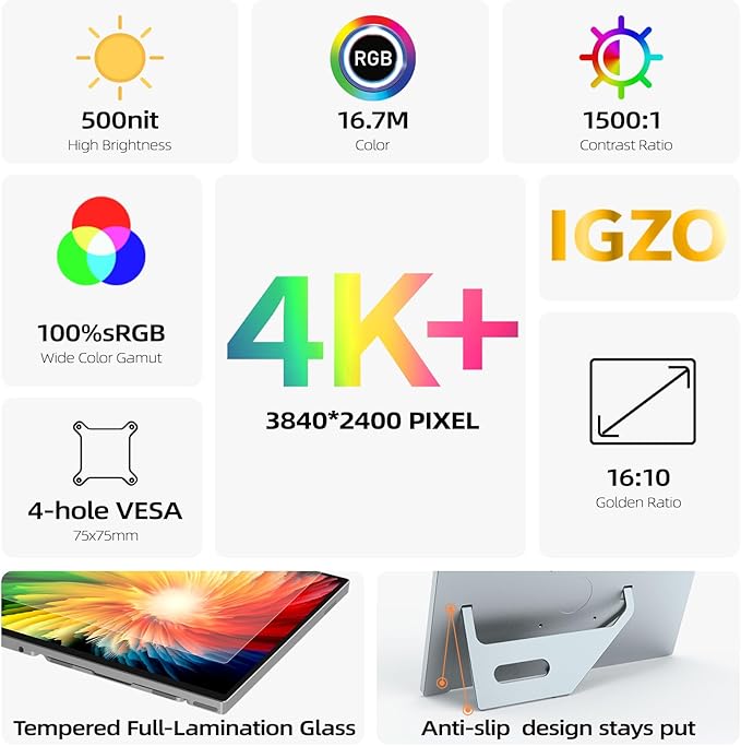 Intehill 4K Portable Monitor for Laptop, 13.4" IGZO Display with Full-Laminated Tempered Glass 500 Nits, 100% sRGB Portable Laptop Screen with Kickstand & Speakers, USB-C & HDMI Travel Monitor, U13ZC