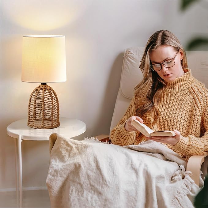 EJIAXIN Rattan Lamp Boho Lamps Set of 2-13.75" Mini Farmhouse Table Lamp Rustic End Table Decorative Small Lamps for Small Spaces Bedroom Nightstand Living Room Reading Desk Side Table Lamp