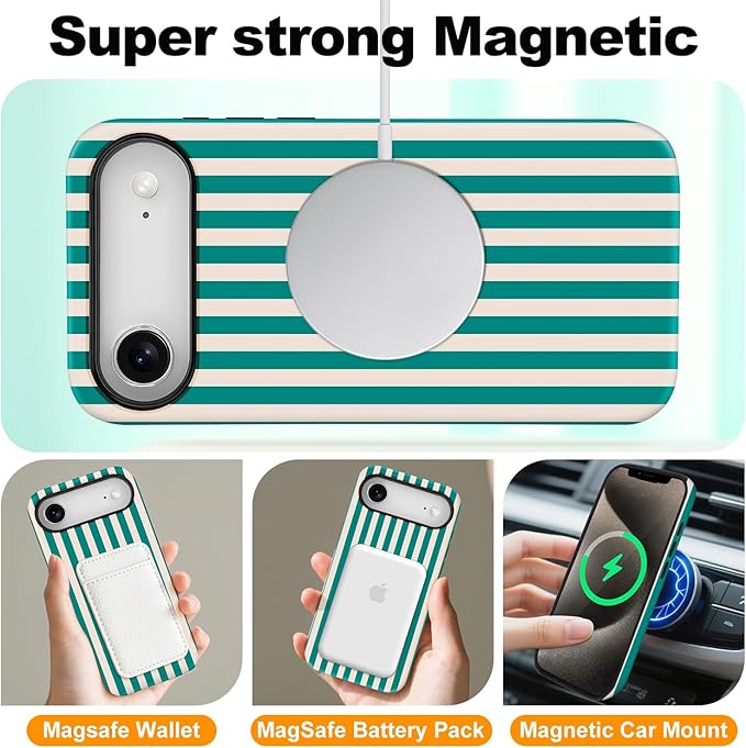 Magnetic for iPhone 17 Air Case Cute Stripes Phone Case, Shockproof Slim TPU and Hard PC Protective Phone Cover Compatible with MagSafe Designed for Women Girls, Emerald Green