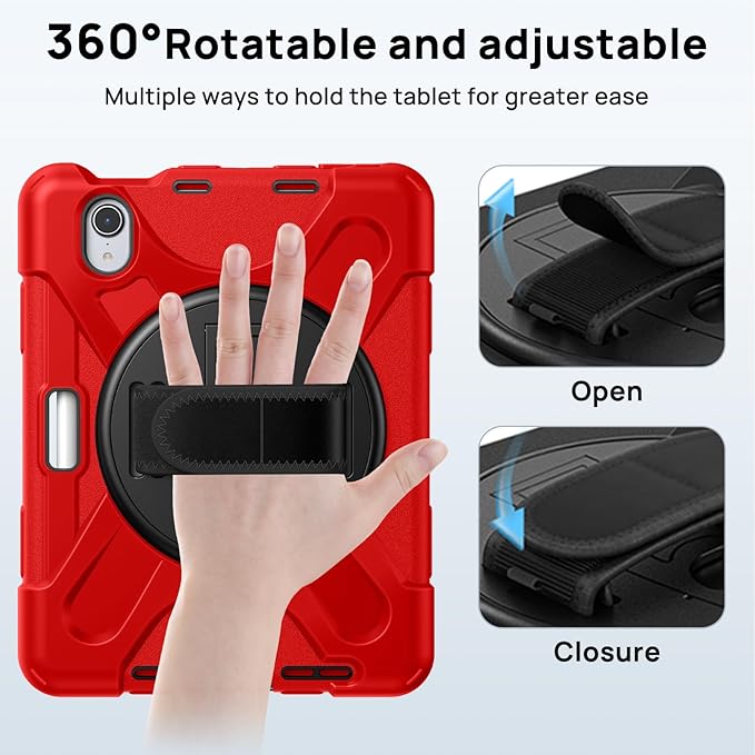 Gerutek Case for iPad mini 7 (A17 Pro) 2024/Mini 6 2021 8.3 inch, Shockproof Cover for iPad mini 7/6th Generation with Screen Protector, 360° Rotating Stand, Hand/Shoulder Strap, Pencil Holder-Red