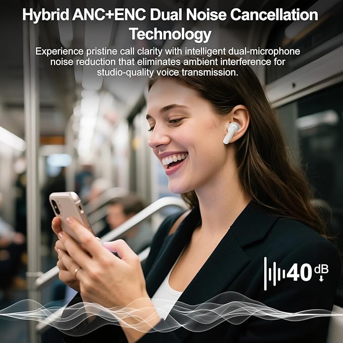 Wireless Earbuds, ANC/ENC Noise Cancelling Earbuds with Touch Screen, Bluetooth 5.4 Ear Buds with LED Charging Case, 40H Stereo Sound, IPX7 Waterproof Earphones with 6 EQ Modes for iOS Android (White)
