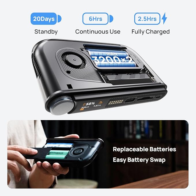 PocketCloud Portable NAS, M.2 NVMe & SD Card Slots, Up to 8TB Capacity (Diskless), One-Click Backup, Wi-Fi 6 Support, LCD Display & App Control, Dual 3200mAh Batteries for Outdoor Backup