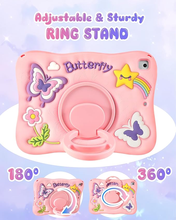 Kidcube for iPad 5th/6th Generation Case, for iPad Air 1st/2nd Gen, for iPad Pro 9.7 Inch Case - Girls Cute Girly Kawaii 3D Butterfly Design Cover with Rotating Stand & Strap Silicone Teen Women Cases