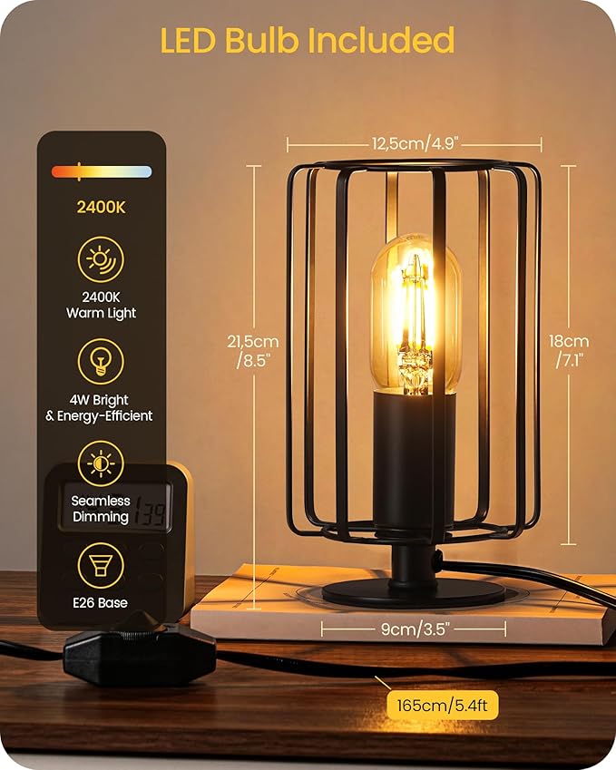 Industrial Table Lamp Set of 2, Small Bedside Lamp with Dimmable 2400K Warm Light LED Bulb, Vintage Desk Lamp, Rustic Nightstand Lamp for Bedroom, Study, Office, Small Space, Black B05TLP205