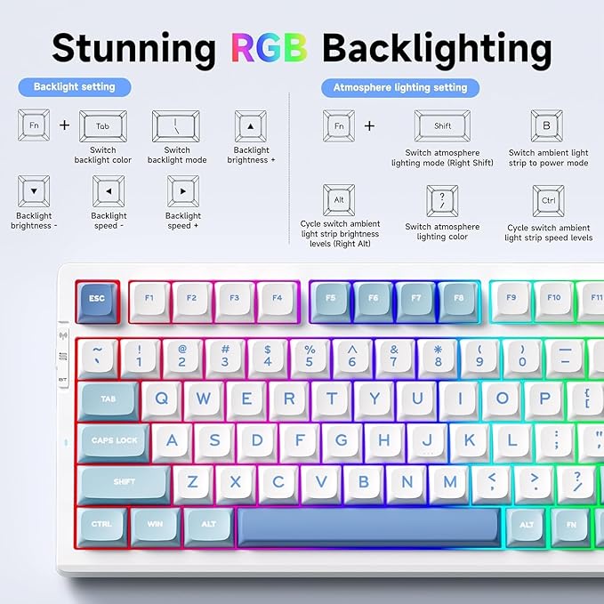 MCHOSE G98 PRO Wireless Gaming Keyboard, Tri-Mode Connection Mechanical Keyboard, Hot Swappable Custom Gasket Structure, Pre-lubed Linear Switches, Double Shot PBT Keycaps, RGB LED Backlit, Blue&White