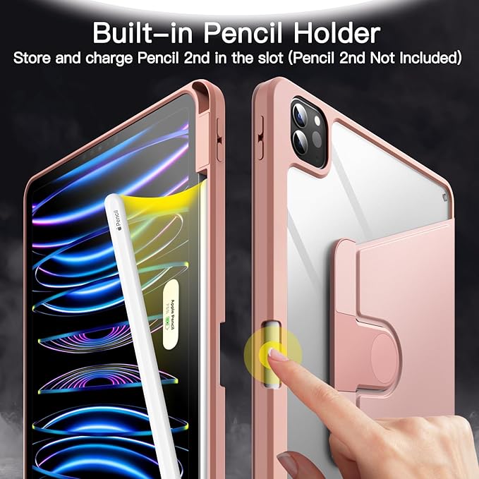 JETech Rotating Case for iPad Pro 11-Inch 2022/2021(4th/3rd gen) with Pencil Holder, 360 Degree Rotation Protective Stand Cover Clear Back, Auto Wake/Sleep (Rose Gold)