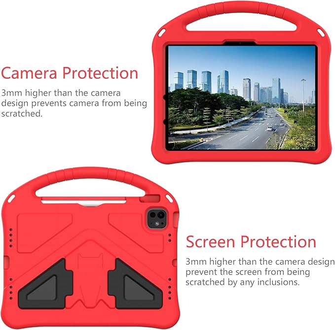 Kids Case for iPad Pro 11-inch (M5) 2025/(M4) 2024, Air 11" 2026 M4/M3/M2 Case with Pencil Holder, Techcircle Lightweight Shockproof EVA Foam Handle Stand Anti-Slip Grip Rugged Cover, Red