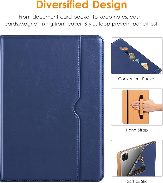 DTTO for iPad Pro 12.9 6th / 5th / 4th / 3rd Generation Case 2022/2021/2020/2018, Leather Folio Stand Cover with Built-in Apple Pencil Holder -Auto Wake/Sleep and Multi Viewing Angles, Navy Blue