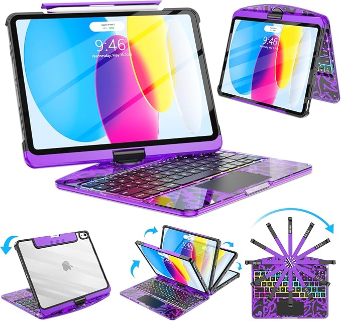 SIBEITU Keyboard Case for iPad A16 11th Gen 11" 2025 & 10th Gen 10.9" 2022, Clear Wireless Keyboard Protective Cover with Multi-Touch Trackpad, 7-Color Backlight & 3-Brightness, 360 Rotatable, Purple