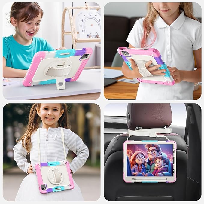 SEYMAC Case for iPad Air 5th/ 4th Generation 10.9", Full-Body Shockproof Protective Case with Screen Protector, Rotating Stand/Handle/Shoulder Strap/Pencil Holder for iPad Air 5/ Air 4, Colorful/Pink