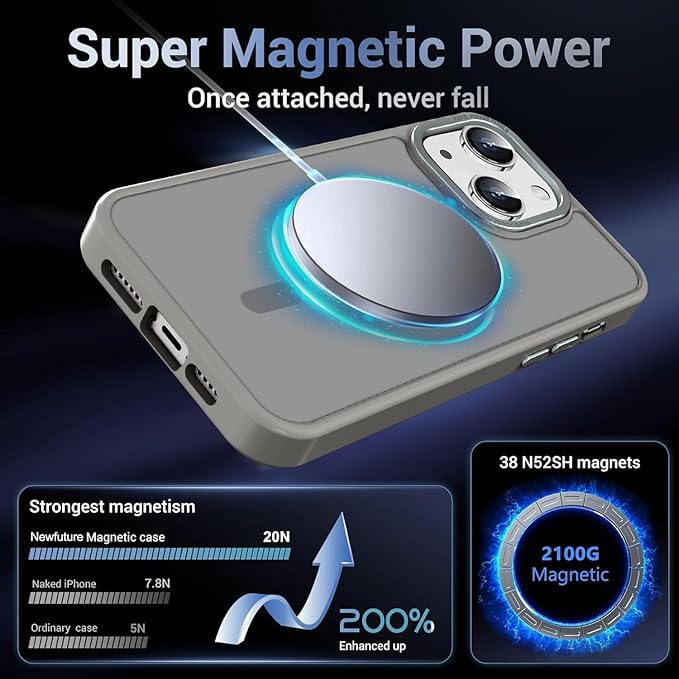Newfuture Magnetic for iPhone 15 Case [Compatible with Magsafe] [Military Grade Drop Protection] Translucent Matte Anti-Fingerprint Shockproof Phone Case for iPhone 15 6.1 inch, Titanium Gray