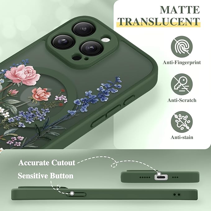 GVIEWIN for iPhone 15 Pro Case Compatible with MagSafe, [Military Grade Protection] [Screen Protector] Full Camera Protection Floral Translucent Women Magnetic Phone Case, Lush Garden/Forest Green