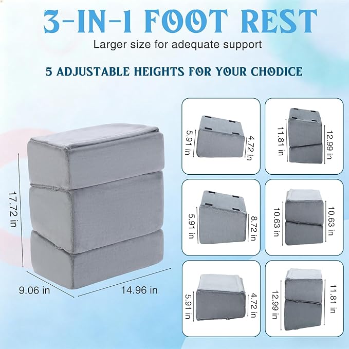 Novabright Foot Rest Under Desk, 3 Height Adjustable Ergonomic Foot Stool with Gel Textured Top and Cozy Pocket, Non-Slip Foam Footrest for Office Home Car(15" X 9" X 17.7",Parallel,Gray)