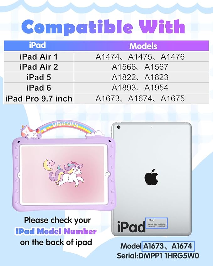Wazzasoft iPad Case for 6th/5th Generation (2018/2017), Air 1st/2nd Gen, Pro 9.7 (2016) - Girls Cute Cartoon Girly Kawaii Design Silicone Cover With Rotating Stand & Strap