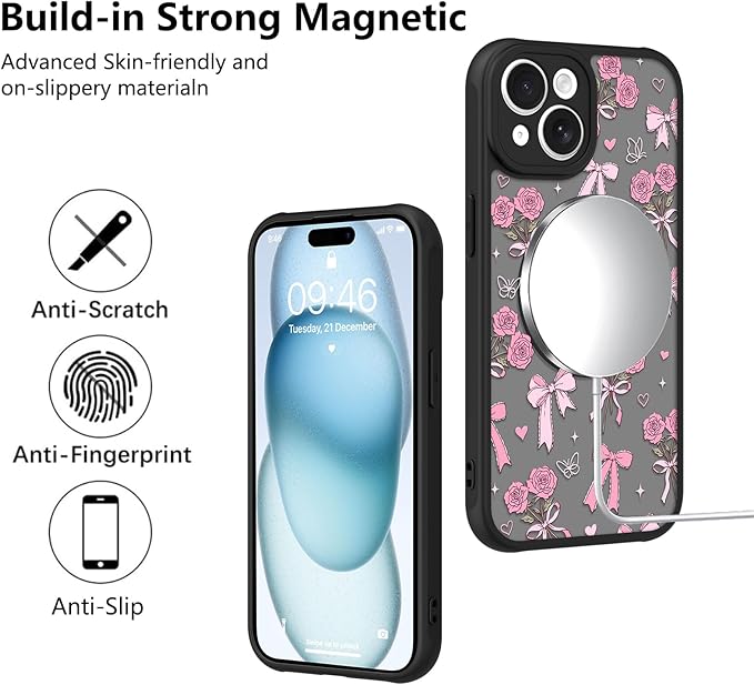 KANGHAR Case Compatible with iPhone 15 Bows Bouquet Pattern [Compatible with Magsafe] Cute Flowers Florals Protective Magnetic Case for Girls Women Men