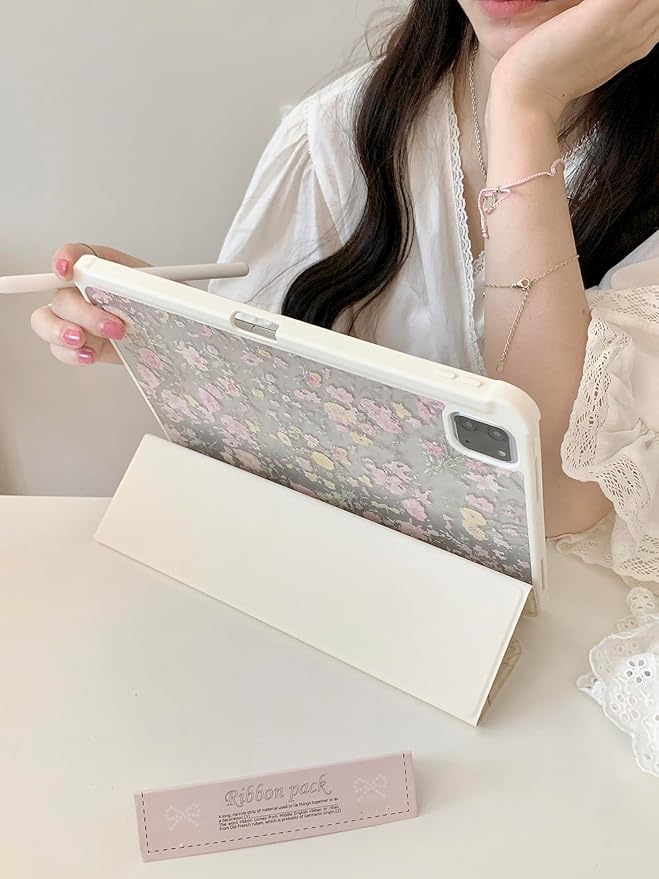 Adjustable Stand Hard PU Clear Back Folio Case for Apple Flowers Floral Pattern Refreshing Classic Vintage Pretty Chic Cute Lovely Girls Women (for iPad Pro 12.9-inch 5th Generation 2021)