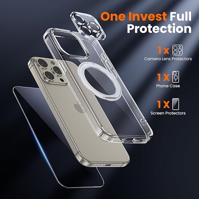 toushion 3 in 1 for iPhone 15 Pro Case Stand |Build in Kickstand,Screen Protector *1 & Camera Lens Protector*1, Not Yellowing, Fits MagSafe, Military-Grade Protection