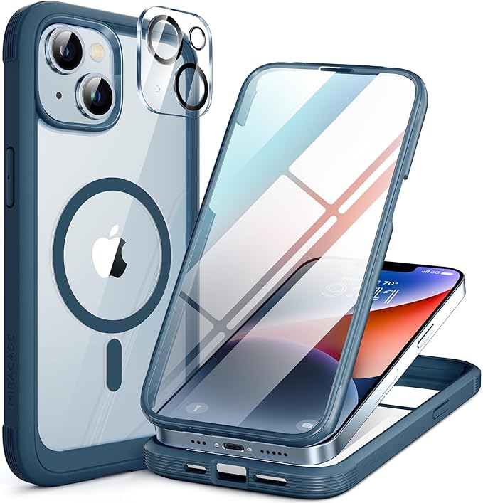 Miracase Glass Series Designed for iPhone 14 Plus Case 6.7 inch, 2023 Upgrade Full-Body Magnetic Clear Case with Built-in 9H Tempered Glass Screen Protector,Compatible with MagSafe,Blue