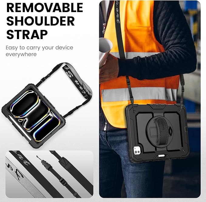 timecity Case for iPad Pro 11 Inch M5 2025 / M4 2024, 360° Rotating Stand, Pencil Holder & Wireless Charging, Shockproof with Screen Protector & Shoulder Strap -for Designers & Professionals,Black
