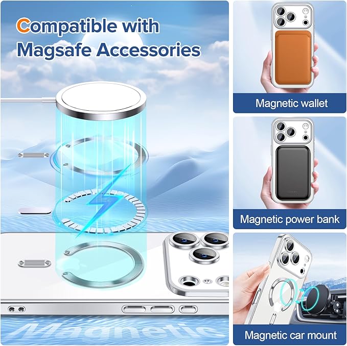 Hython Magnetic Clear for iPhone 17 Pro Max Case with Camera Lens Protector [Compatible with MagSafe] Plating Edge Slim Soft TPU Cover Protective Phone Case for iPhone 17 Pro Max 6.9", Silver