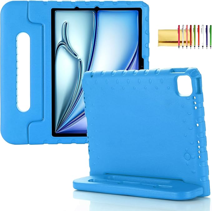 Kids Case for iPad Pro 11" M5/M4 & iPad Air 11" (2026/2025/2024) Shockproof Case with Pencil Holder, Techcircle Light EVA Foam Handle Stand Bumper Protective Child Friendly Drop Proof Cover, Blue