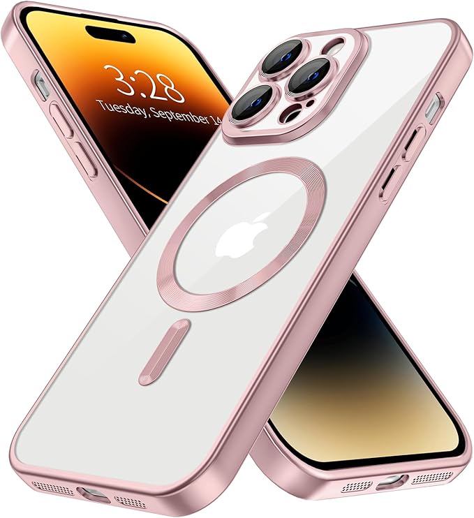 Hython Magnetic Clear for iPhone 14 Pro Max Case with Camera Lens Protector [Compatible with MagSafe] Plating Edge Slim Soft TPU Cover Protective Phone Case for iPhone 14 Pro Max 6.7", Matte Pink