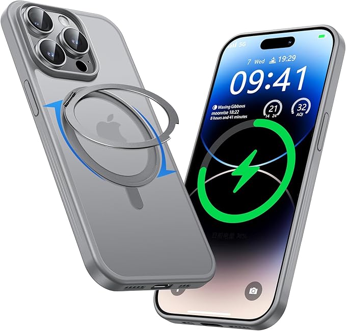 MAGIC JOHN 360° Rotatable Magnetic Invisible Stand for iPhone 15 Pro Case [Camera Control Button] [Compatible with MagSafe] 16FT Shockproof for iPhone 15 Pro Case with Kickstand, Gray