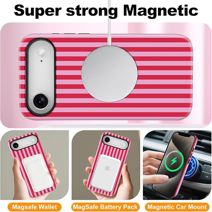 Magnetic for iPhone 17 Air Case Cute Stripes Phone Case, Shockproof Slim TPU and Hard PC Protective Phone Cover Compatible with MagSafe Designed for Women Girls, Pink and White