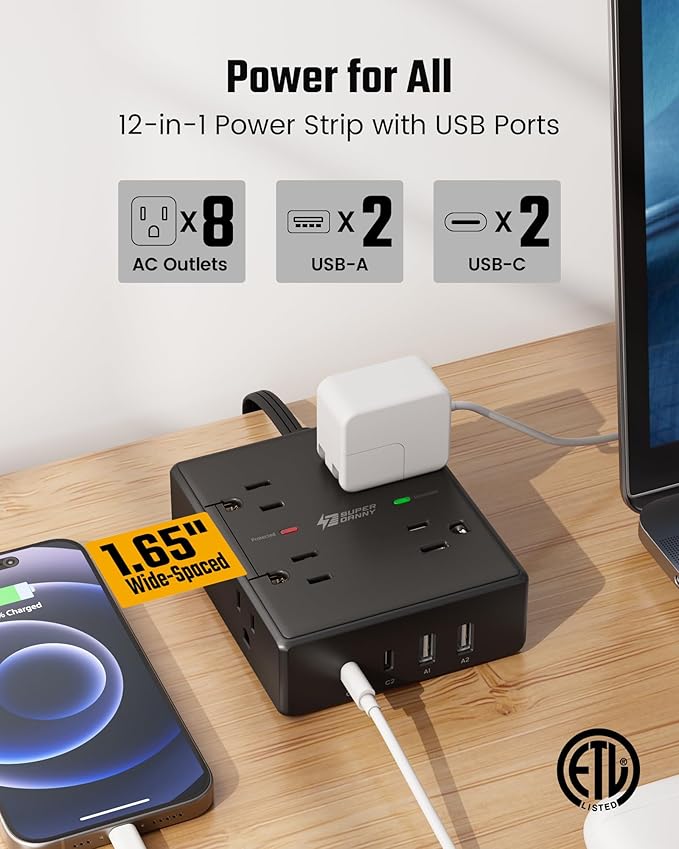 25Ft Long Extension Cord, Flat Plug Power Strip Surge Protector, 8 Outlet 4 USB Ports (2 USB C), Wall Mountable, Desk Charging Station for Home Office, College Dorm Room Essentials (Black)