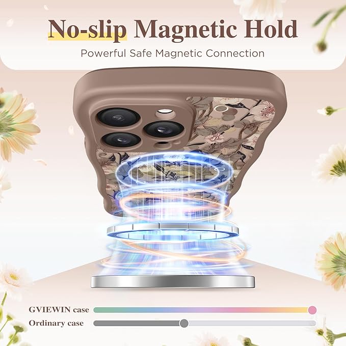GVIEWIN for iPhone 14 Pro Max Case Compatible with MagSafe [Curly Wave Edge][Full Camera Protection] Floral Translucent Shockproof Magnetic Women Phone Case for 14 Pro Max, Apricot Blossom/Brown