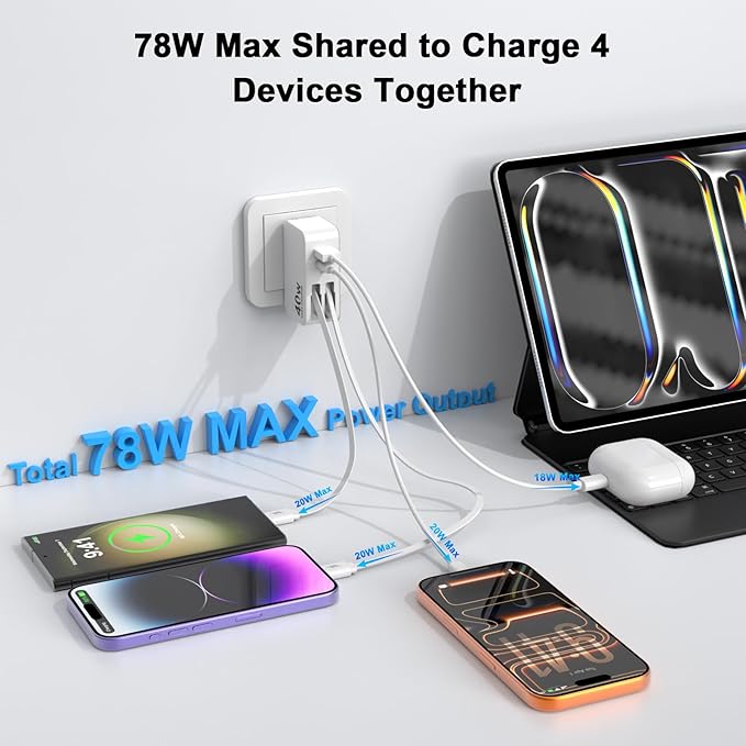 4-in-1 Retractable Wall Charger, 40W Retractable iPhone Charger Wall Plug with Dual 3ft Lightning + Type C Charging Cables, 4-Ports USB C Charger Foldable Block for iPhone 17 16 15 14 13 12 11 8 7