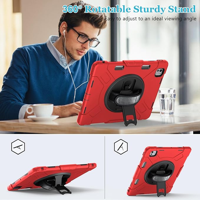 Case for iPad Pro 13 Inch M5 2025/ M4 2024: Military Grade Cover for iPad Pro 13" with Screen Protector - Stand - Handle - Shoulder Strap - Pencil Holder- Red