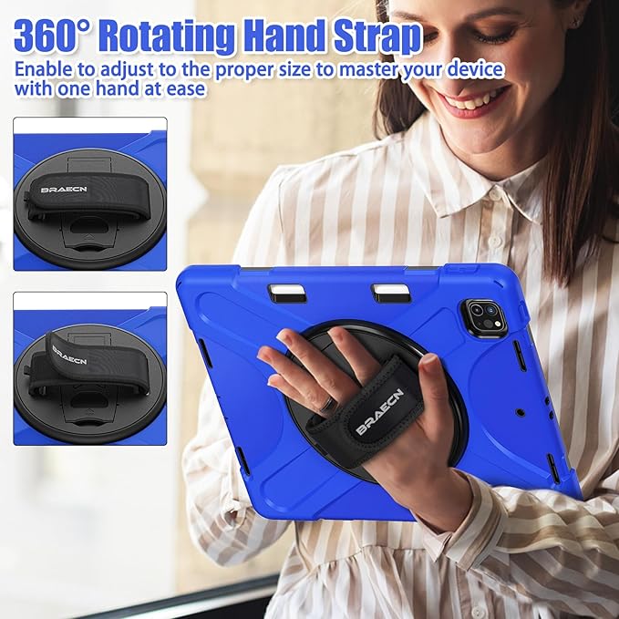 BRAECNstock Case for Apple iPad Air 13 inch (M4/M3/M2)/ iPad Pro 12.9 inch 6th/5th/4th/3rd Gen, Shockproof Protective Kids Case with Pencil Holder, 360° Rotating Stand&Hand Strap, Shoulder Strap, Blue
