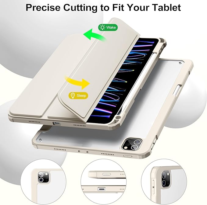 JKSML Case for iPad Pro 11 Inch 4th/3rd/2nd Generation 2022/2021/2020, Transparent Protective Cover with Right Side Pencil Holder, Supports Pencil 2 Charging, Cream White