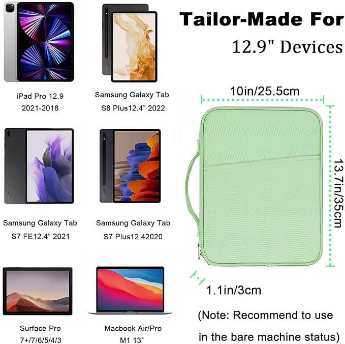 iPad Pro 12.9 Sleeve Carrying Case, Padded Tablet Bag for iPad Pro 13-in (M4), iPad Air 13-in (M2), Surface Pro 9/8, 12.4” Galaxy Tab S8+/S9+ (Mint Green-12.9)