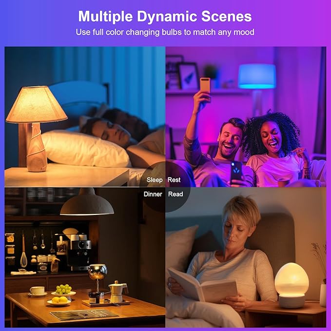 FRIDEKO HOME LED Smart Light Bulbs - Wi-Fi & Bluetooth Light Bulbs, Color Changing Light Bulb Compatible with Alexa and Google Assistant, A19 E26 RGBTW Light Bulb, 800LM (6 Pack)