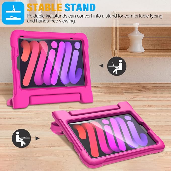 SUPLIK Kids Case for iPad mini 7 (A17 Pro) 2024 & Mini 6 2021, iPad mini 6th/7th Generation Case with Screen Protector, Durable Shockproof Handle Stand Cover for 8.3-inch iPad mini 6/7 Gen, Pink