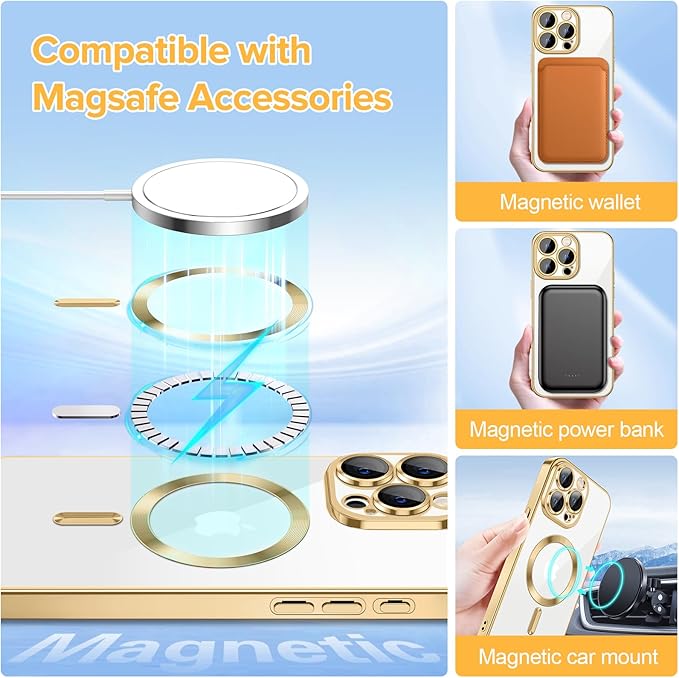 Hython Magnetic Clear for iPhone 15 Pro Case with Camera Lens Protector [Compatible with MagSafe] Luxury Plating Edge Slim Soft TPU Cover Protective Phone Case for iPhone 15 Pro 6.1", Gold